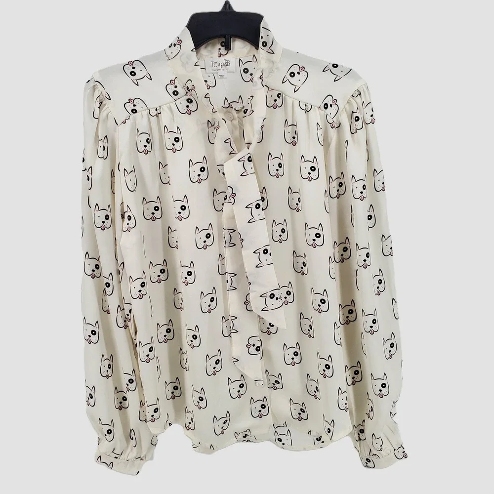 Tulip B Womens Medium French Bulldog Dog Print Tie Neck Blouse Cream EBJT248 New